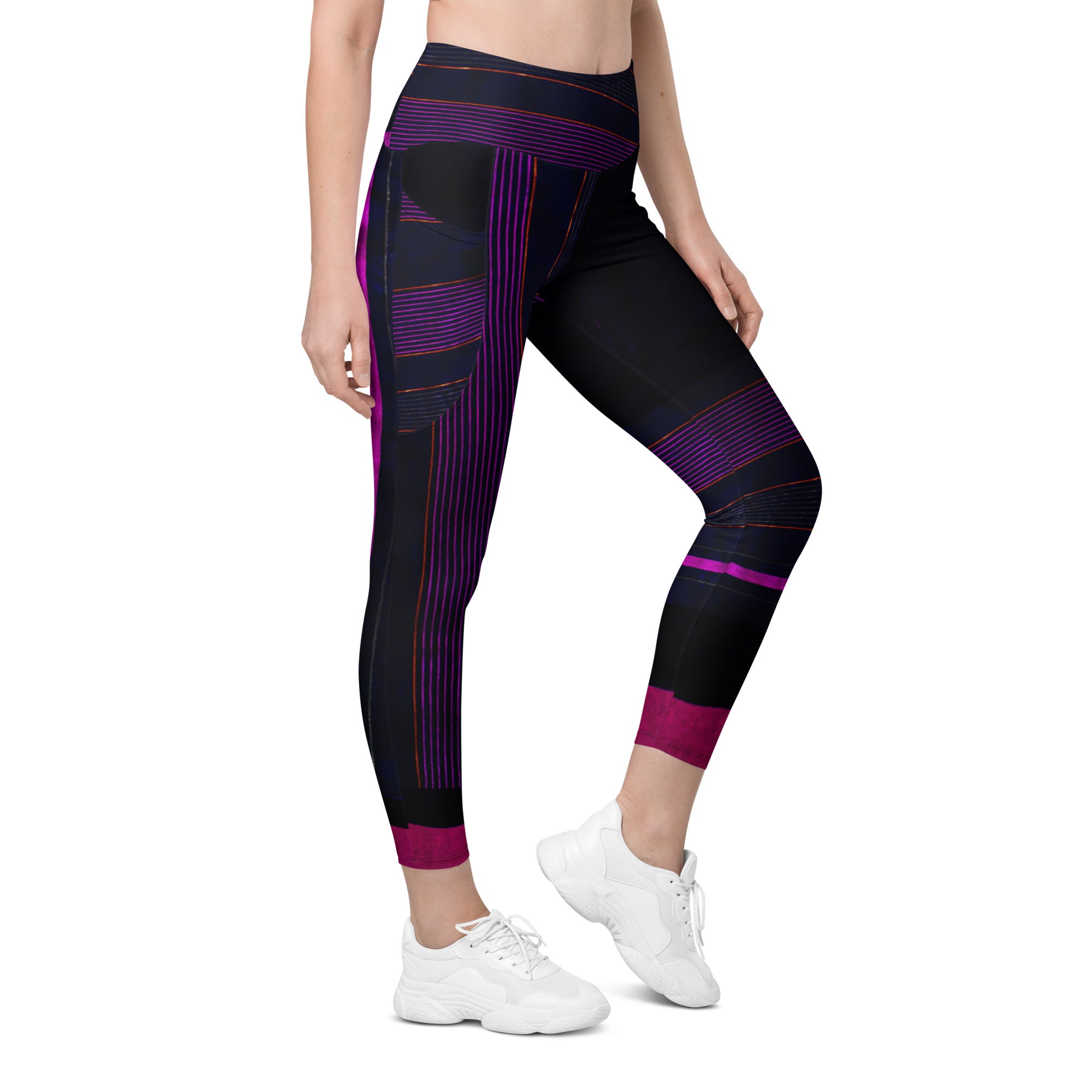 Black Gym Leggings with Pockets. Purple Pin Stripes Dance Leggings. Crossover Waist Yoga Pants. "Peppermint" by WickedYo.